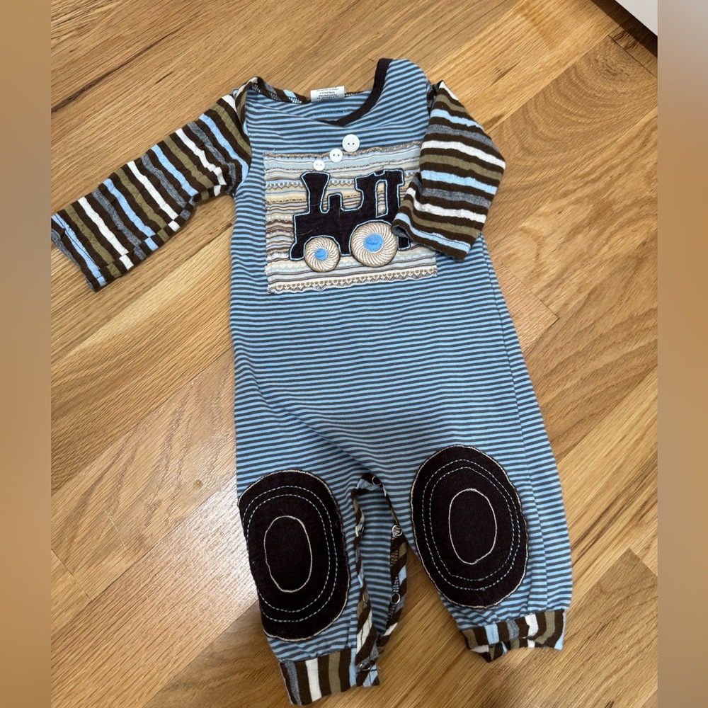Boutique baby boy train onesie / 3 month / brown, blue, white, green
